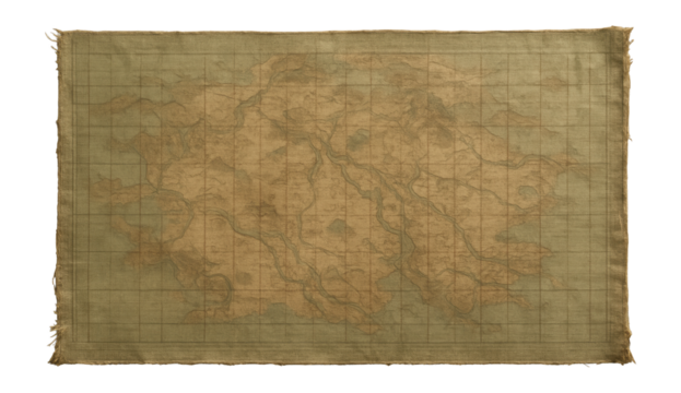 Vintage-style fabric map with worn edges and a detailed landscape design on transparent background.