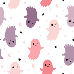 Spooky Halloween seamless pattern with cute colorful ghosts. Scary Halloween vector illustration