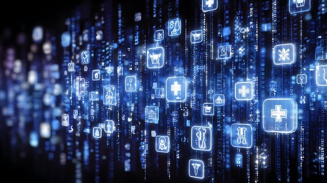 Blue digital health icons rain down in a technological cascade of medical information and advanced data technology