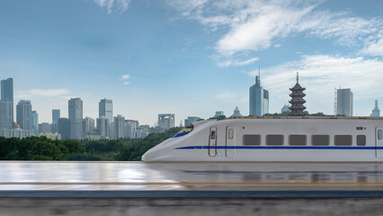 High-Speed Rail Transit Through Modern Cityscape