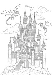 Obraz premium detailed medieval castle surrounded by flying dragons in fantasy landscape coloring page