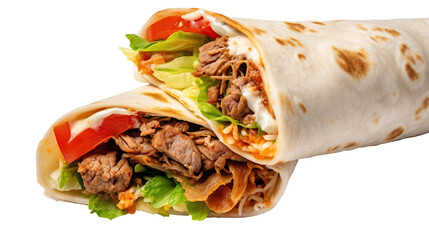 Spicy Mexican chicken wrap, a healthy tortilla meal with grilled meat and fresh vegetables, perfect for a quick lunch or dinner, isolated on transparent background. PNG