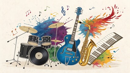 Colorful music instruments illustration featuring guitar drums saxophone and piano art design