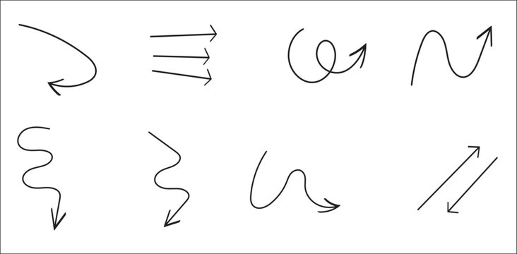 Curved arrow collection hand drawn illustration for navigation movement pointer and annotation design element artwork