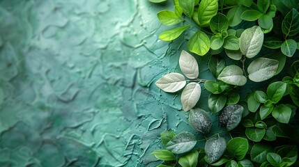 Mock-up, fond graphique, arrière plan vert sur le thème des plantes et feuilles, intégration produit ou texte.