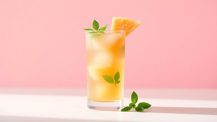 Cantaloupe and mint-infused soda in a highball glass, clean minimalist background with soft pastel hues