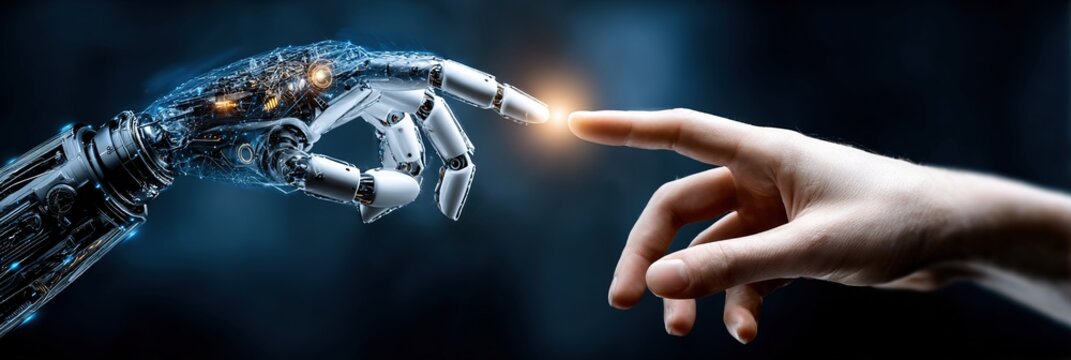 Robots index finger touching human hand. Generative Ai