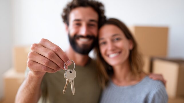 Young smiling couple showing keys of new home after buying or renting property, very happy to start new life together, standing in front of cardboard boxes ready to unpack