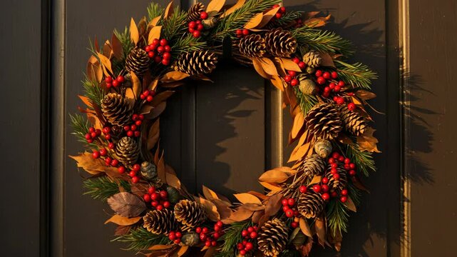 Cinematic camera slowly moves toward holiday wreath on front door as it creaks open, cozy autumn or Christmas home scene