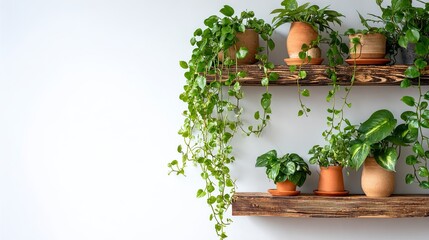 Indoor plants on wooden shelves against a white wall create a cozy atmosphere
