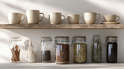 Kitchen storage organization with spices in glass jars and mugs on a rustic shelf