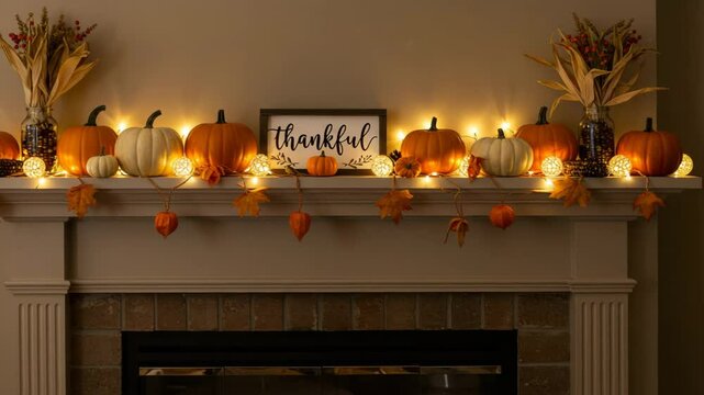 Cozy autumn fireplace decorated with pumpkins, corn stalks, string lights and thankful sign, warm Thanksgiving home interior concept