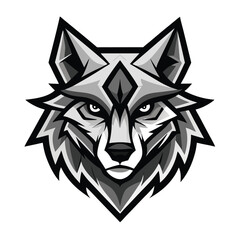Intense monochrome wolf gazes forward with sharp eyes and angular fur details
