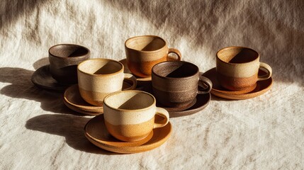 Artisanal stoneware coffee cups and saucers in natural light, a minimalist aesthetic
