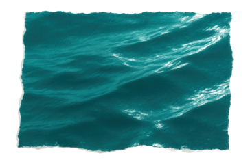 Textured blue-green watercolor painting depicting ocean waves with a torn paper edge on transparent background.