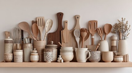 Elegant arrangement of rustic kitchenware and utensils in neutral tones on wooden shelf