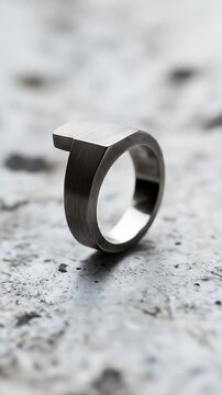 Showcase of a stylish titanium signet ring, reflecting modern jewelry design with its elegant finish and durable metal craftsmanship on a textured background.
