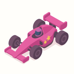 Isometric Vector Icon of Pink Formula 1 Car with Star Accents