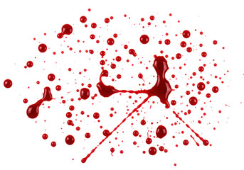 Deep crimson viscous liquid, organic blood splatters and individual drops with glossy wet sheen, varying sizes, frozen in dynamic motion on an immaculate transparent studio background with copy space,