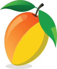 Vibrant stylized mango with two green leaves and a stem on a white background