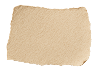 A piece of textured, torn beige paper with rough edges on transparent background.