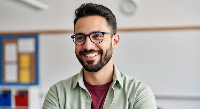 Smiling man with glasses and beard in a classroom setting - Powered by Adobe