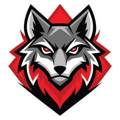 The fierce gray wolf's red eyes stare intensely within a red diamond shape