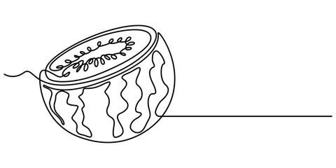 Watermelon continuous one line drawing, fruit vector illustration, watermelon fruit continuous line vector illustration, Fresh watermelon line art outline, Continuous one line drawing. Watermelon. 