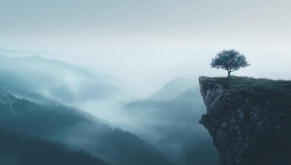 Misty mountaintop solitude. Solitary tree atop a craggy cliff, enveloped in a pale blue haze