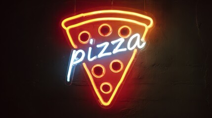 Glowing neon pizza slice sign on wall background