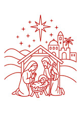 Obraz premium Isolate Transparent Red Line Nativity Scene Nativity Scene with Mary, Joseph, and Baby in Festive Doodles PNG Die-Cut For Advertising