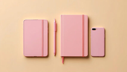 Pink notebook pen and smartphone arranged neatly on a pastel background