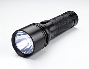 Black tactical flashlight turned on