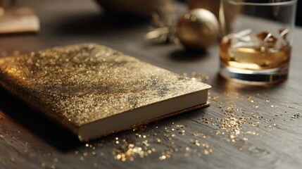 Wooden table with a book and a glass of whiskey on it. the book is open and appears to be a hardcover with a gold glittery cover. the glass is filled with whiskey and has ice cubes in it.