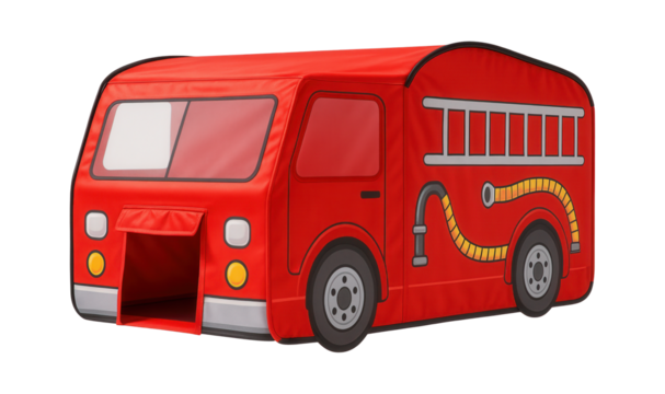 A fire truck play tent with a hose and ladder design, ideal for a playgroup session on a patio.
