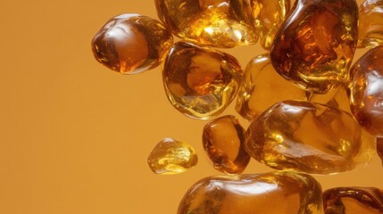 Group of small, amber-colored stones scattered randomly on an orange background. the stones appear to be smooth and shiny, with a glossy finish.