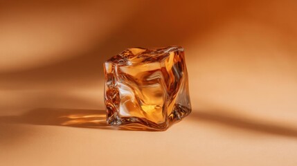 Close-up of an ice cube on a beige background. the ice cube is made of transparent glass and has a smooth, shiny surface. it appears to be empty and is placed in the center of the image.