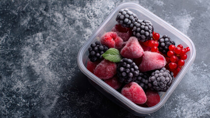 Frozen berries in a clear container for dessert