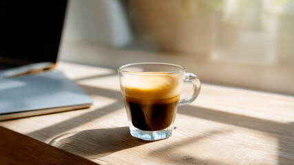 Coffee cup on wooden table with sunlight