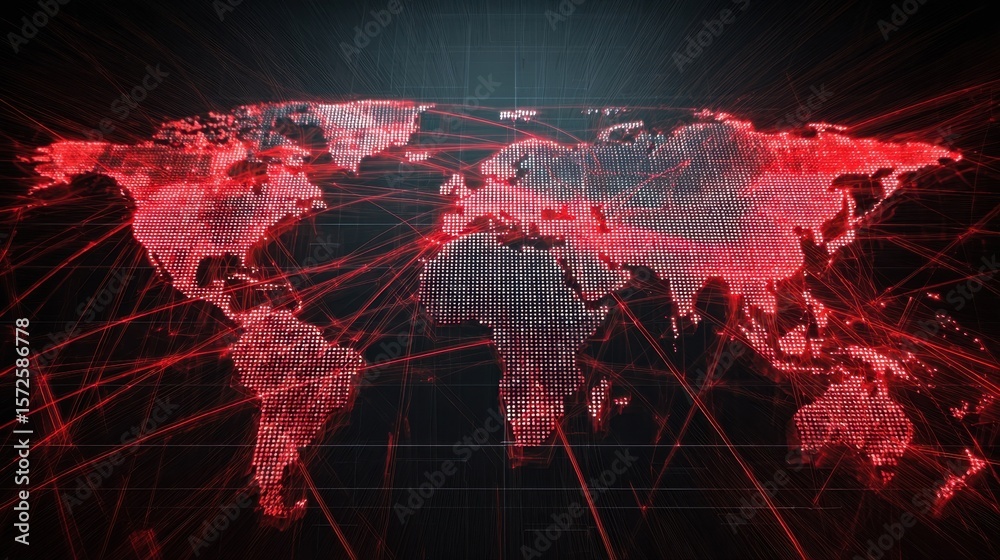 Poster expansive data center image featuring a world map with red data lines highlighting critical network 