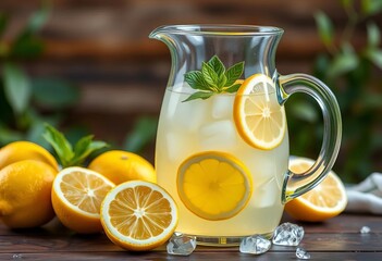 Refreshing homemade lemonade in a pitcher with ice and lemons,   tart,   table