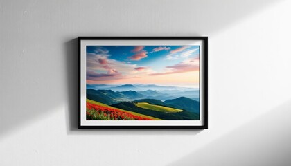 Sleek black frame showcasing a vibrant landscape print on a textured white wall,  canvas,  mounting
