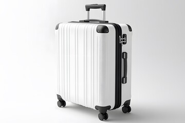Pristine White Rolling Suitcase with Black Accents on a Clean Ba
