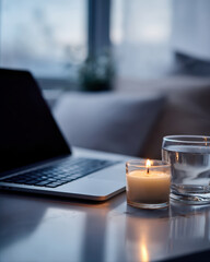 Cozy workspace with candle and glass of water