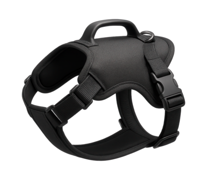 Heavy-duty harness with a handle on the back, ideal for service dogs assisting in home environments.