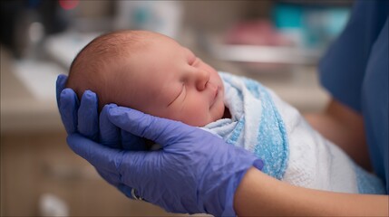Gentle hands holding a newborn baby, wrapped in a soft blanket, showcasing infant care and the miracle of birth