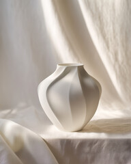 Elegant white vase on soft fabric background