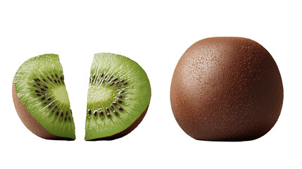 Fresh half and sliced kiwi fruit isolated on a transparent background, highlighting its natural, sweet, and healthy green tropical goodness. PNG