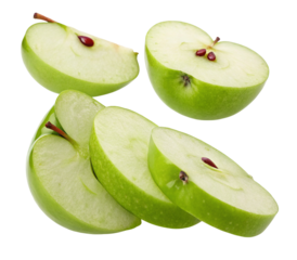 Fresh green apple slices isolated on white background cut fruit healthy snack juicy pieces
