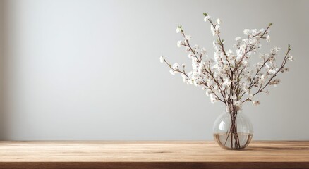 Blooming branches in clear vase on light wood